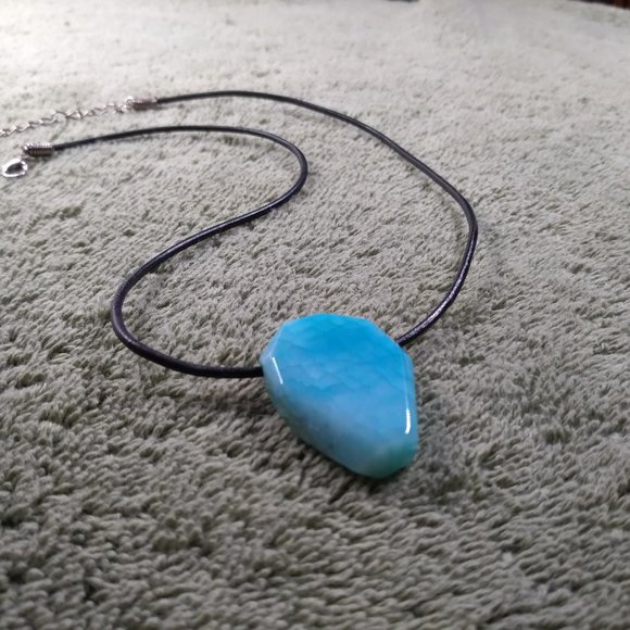Aqua Blue Quartz stone necklace 16 inch unisex with adjustable chain rope - Picture 4 of 4